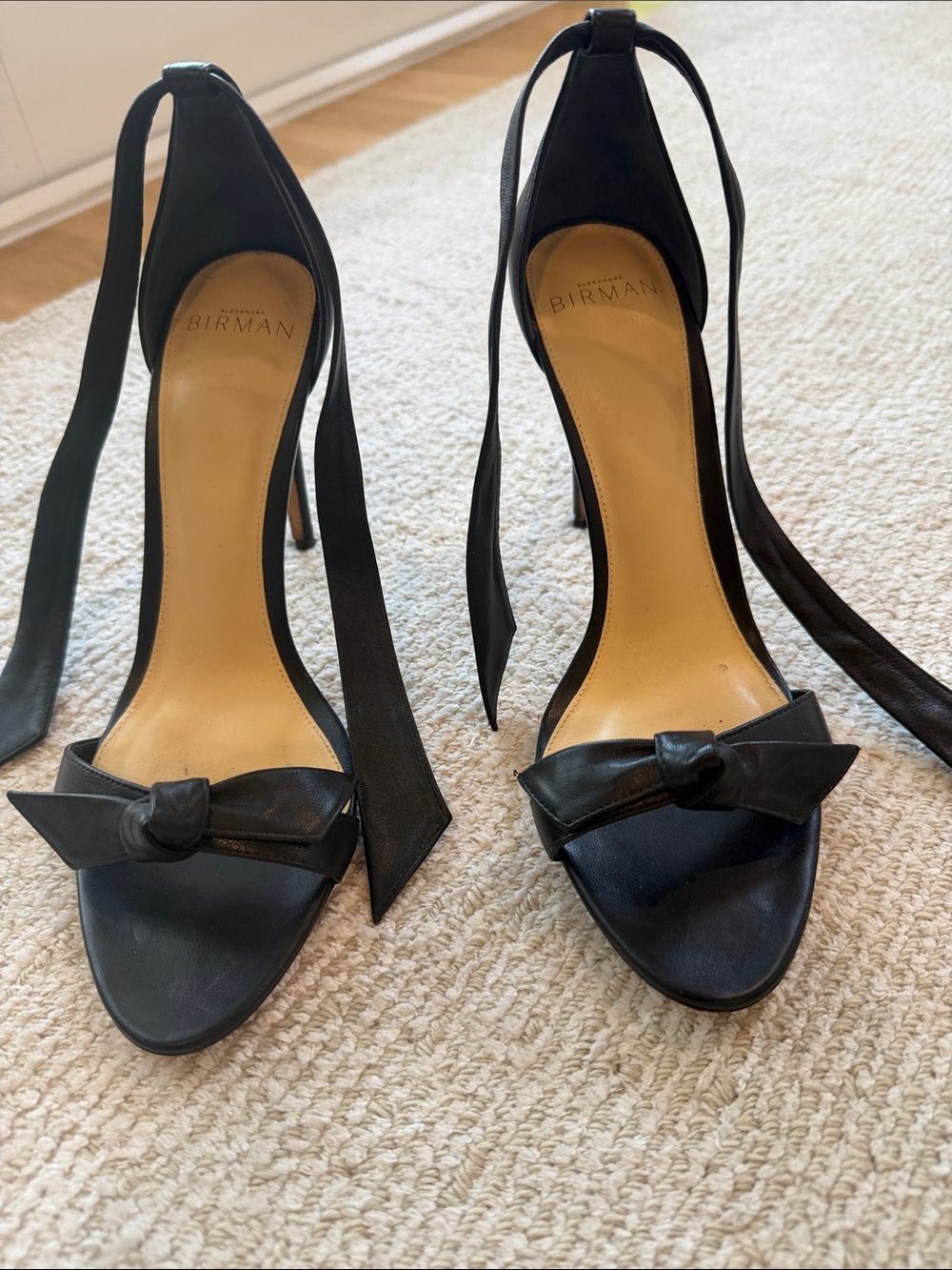 Alexandre Birman Black Leather Bow Ankle-Tie Heels